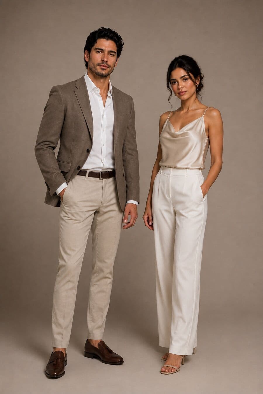 Dress code Smart casual: Saco en tonos tierra con camisa blanca, o top satinado con pantalón claro. Cómodo para trabajar todo el día.