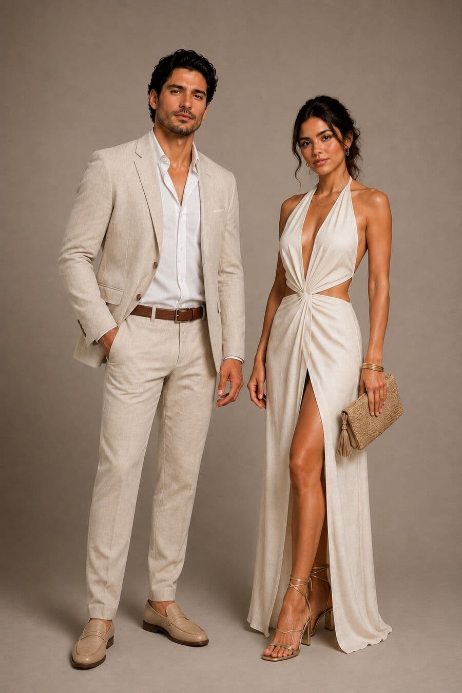 Dress code Resort formal: Blancos y lino: traje claro con camisa sin corbata, y vestido largo fluido. Elegante pero fresco para la noche en la Riviera.
