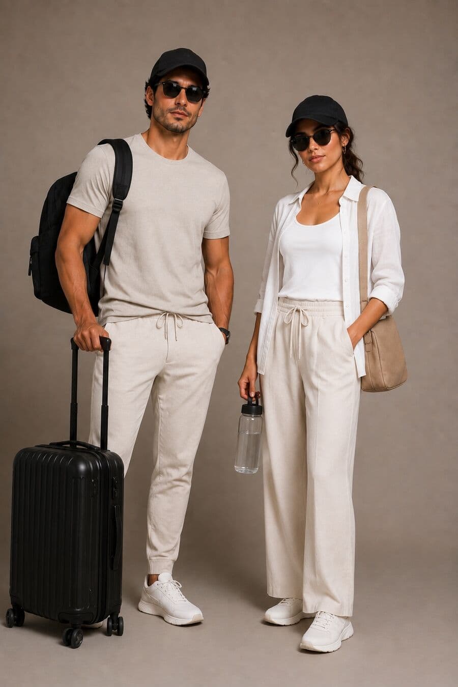 Dress code Cómodo de viaje: Athleisure en tonos neutros: tejidos suaves, tenis y gorra para los traslados al hotel y al aeropuerto.